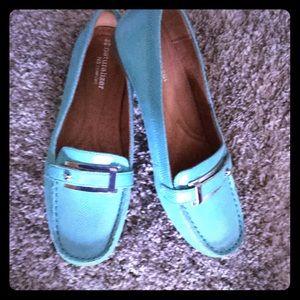 Turquoise loafers with silver trim